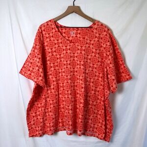 Liz & Me Women V-Neck T-Shirt Coral Red Floral Cotton Size 4X Boho Casual Summer